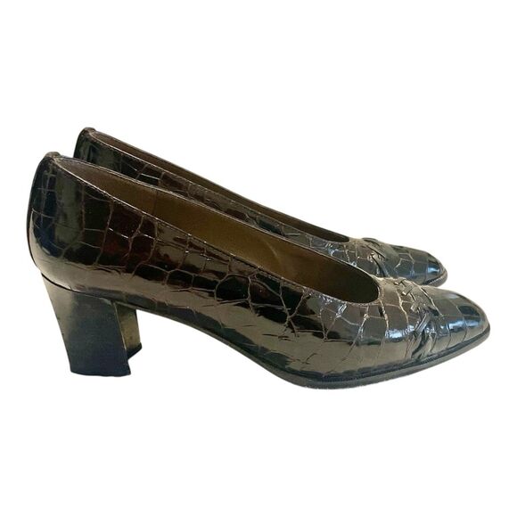 Stuart Weitzman Women’s Crocodile Embossed Brown Leather Block Heel Pumps 8.5 AA - Picture 1 of 7